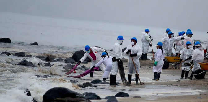 El gran operativo de limpieza del derrame de crudo en las costas peruanas en enero de este año Crédito: Minamperu